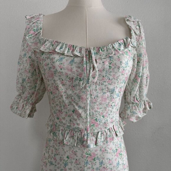 Sophie Rue by Anthropologie Puff Sleeves Back Cut Out Linen Dress S Cottagecore - Picture 2 of 11